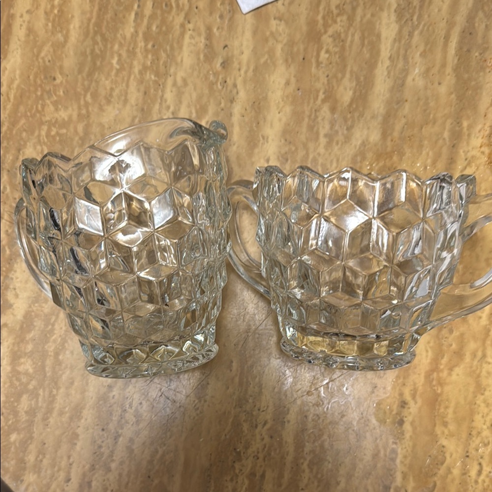 Vintage fostoria American clear pattern crystal sugar bowl and creamer pitcher